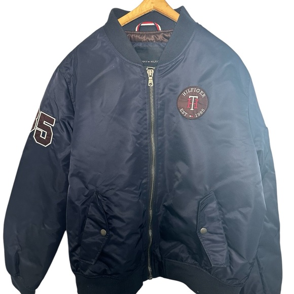 Tommy Hilfiger Black Bomber Jacket XL Navy Blue Zip - Picture 2 of 9